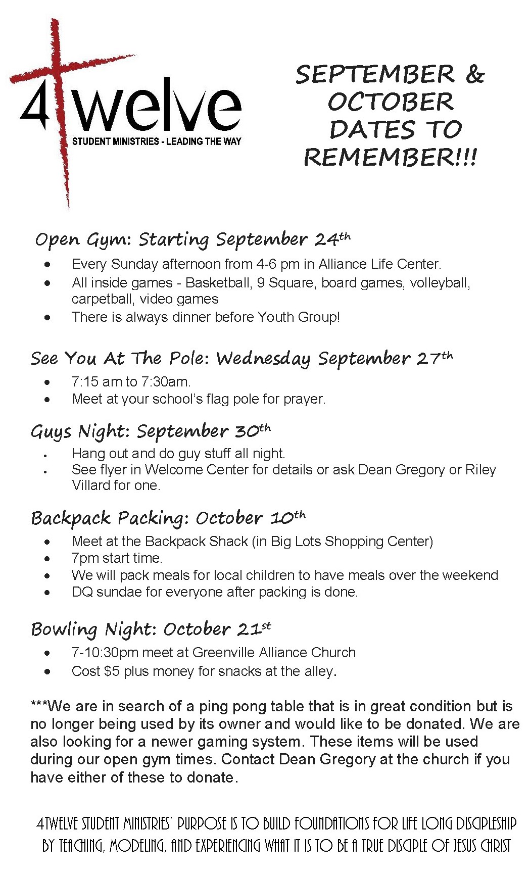 Bulletin Insert Small - Dates for Fall 2017 - Greenville Alliance Church